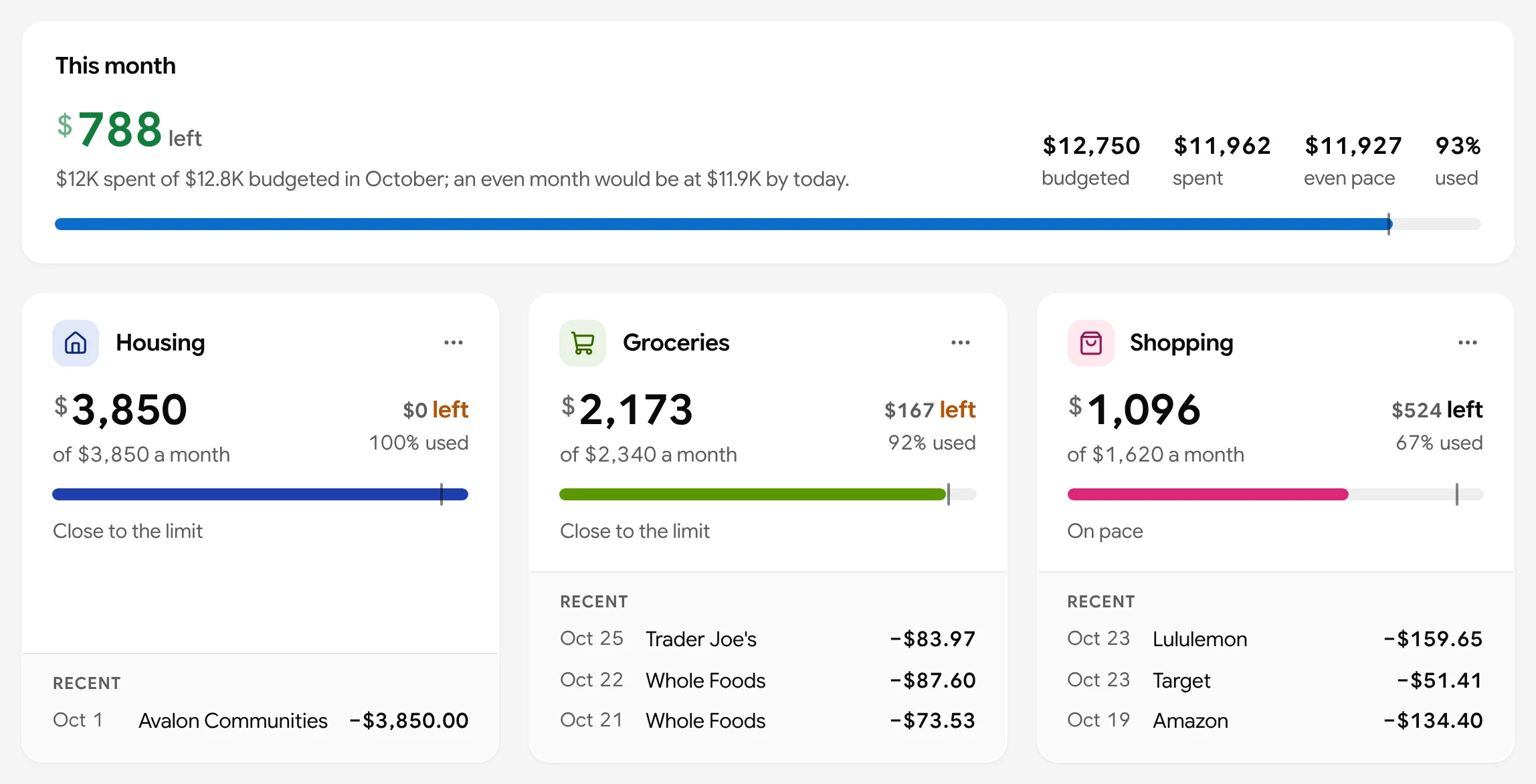 Budgets for October: $788 left of $12,750 budgeted with an even-pace mark, then Housing, Groceries and Shopping cards with rings, what’s left and the latest purchases.