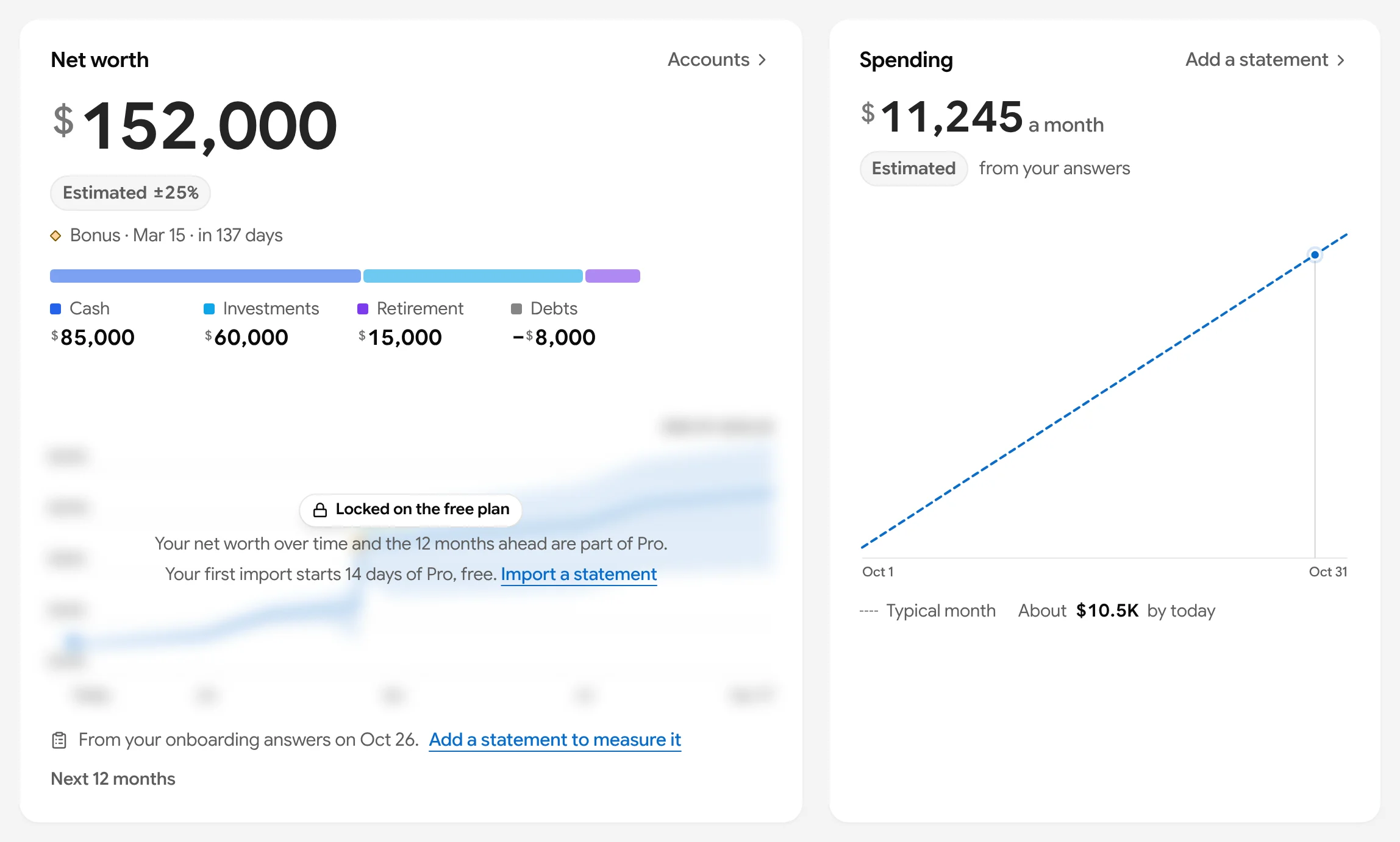 A new user’s Dashboard before any statement: net worth $152,000 marked Estimated ±25% with the bonus on Mar 15, cash, investments, retirement and debts, the chart waiting for a first import, and spending of about $11,245 a month estimated from the answers.