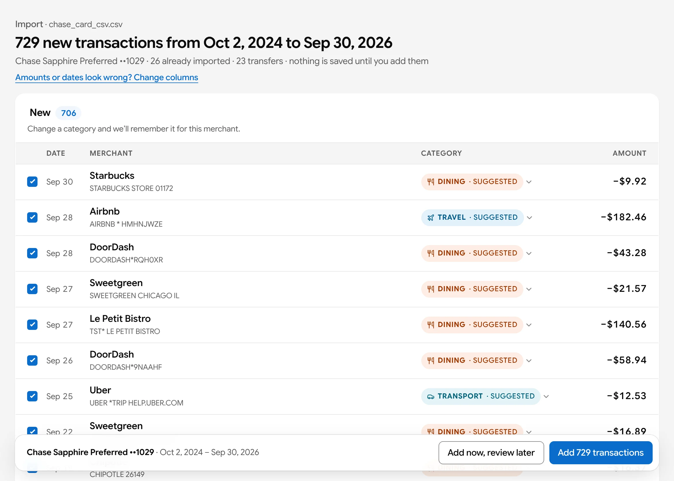 Reviewing a Chase card file before anything is saved: 729 new transactions, 26 already imported and 23 transfers, each row with its date, merchant, suggested category and amount, and Add 729 transactions at the foot.