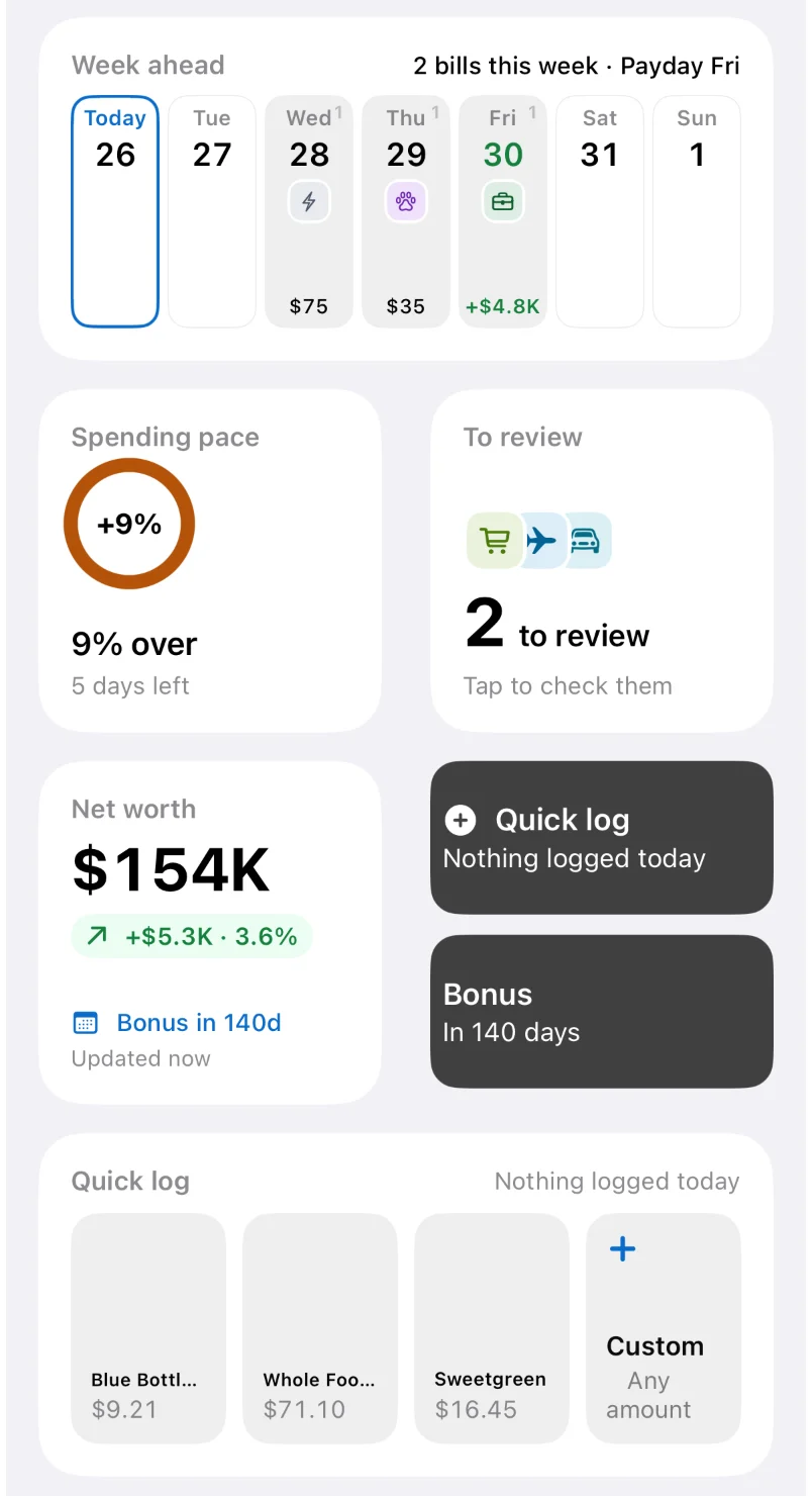 RichDue’s iPhone widgets with Show amounts on: Week ahead with two bills and Friday’s payday, Spending pace 9% over with 5 days left, 2 to review, net worth $154K up 3.6% this month, the next moment, and Quick log’s usual merchants.