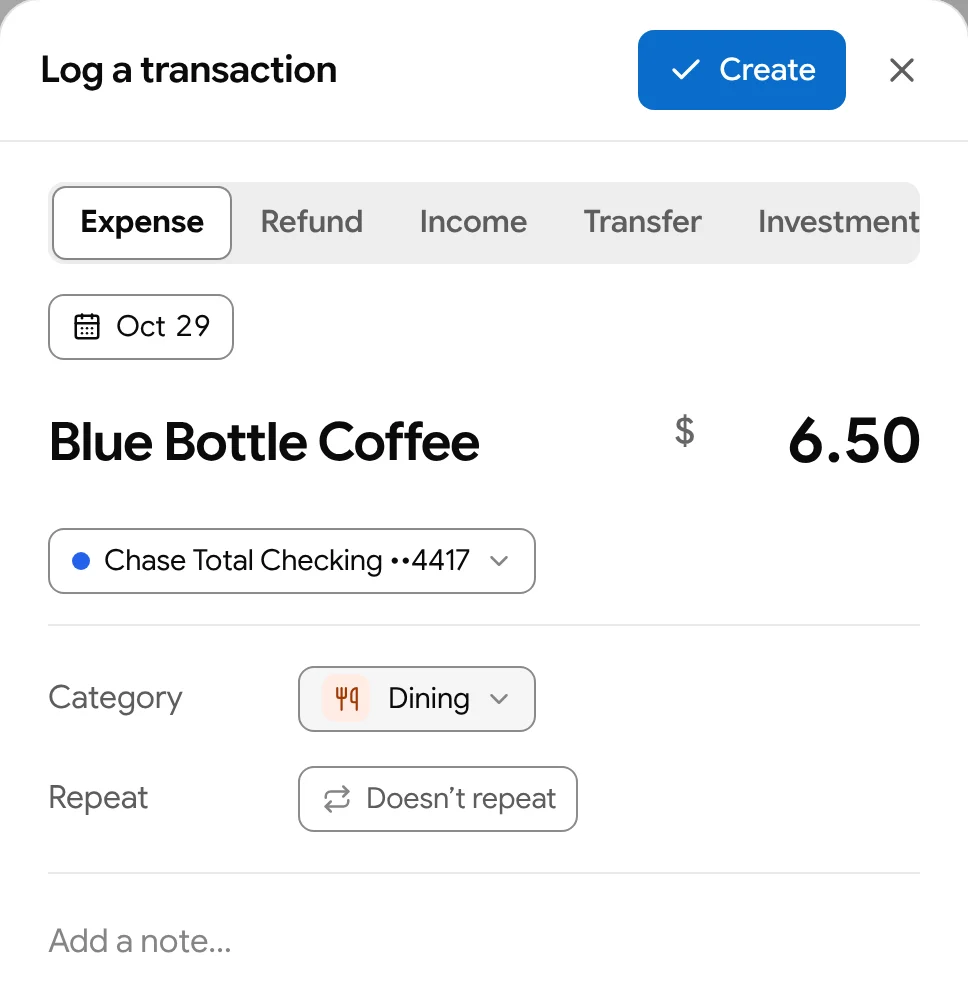 The Log sheet: Expense, Refund, Income, Transfer or Investment, Blue Bottle Coffee for $6.50 on Chase Total Checking, filed under Dining.